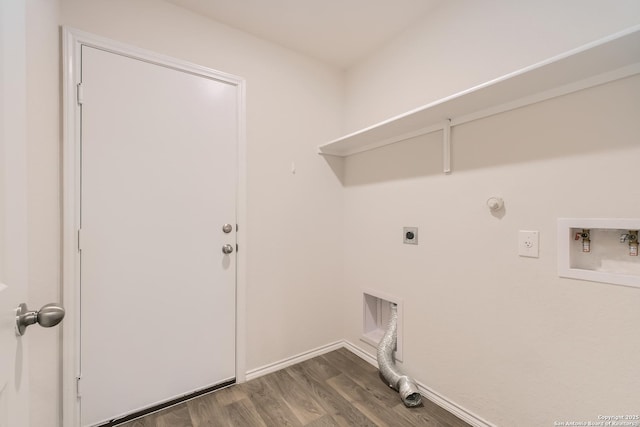 laundry room featuring hookup for an electric dryer, laundry area, washer hookup, baseboards, and dark wood-style floors