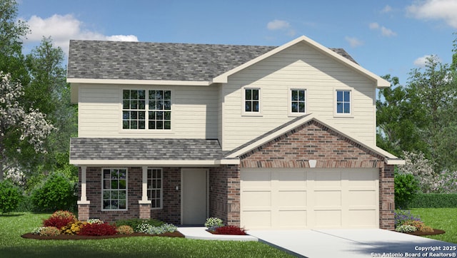 view of front facade with brick siding, driveway, a front lawn, and roof with shingles