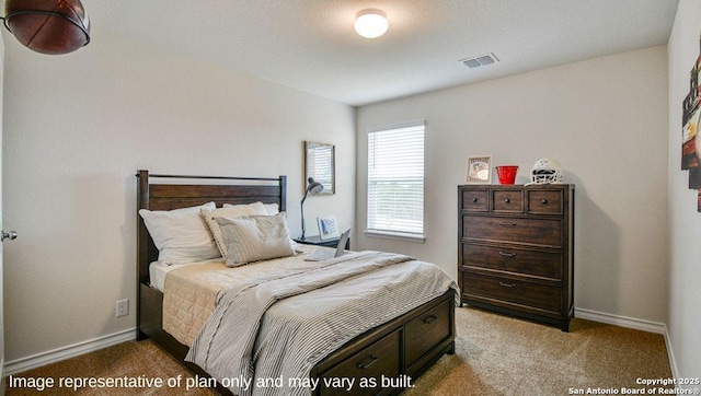 bedroom with light carpet, visible vents, and baseboards