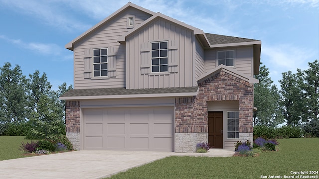 view of front of home featuring a shingled roof, stone siding, an attached garage, board and batten siding, and a front yard