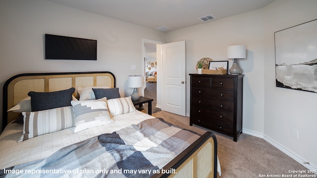 bedroom featuring light carpet, baseboards, and visible vents