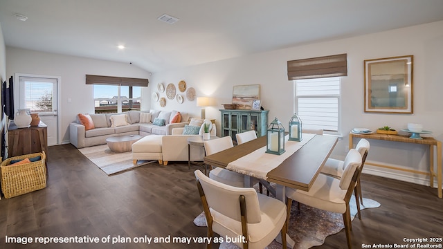 dining area featuring lofted ceiling, dark wood-style flooring, visible vents, and baseboards