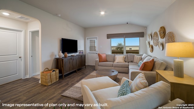 living room featuring lofted ceiling, dark wood-style floors, visible vents, and recessed lighting