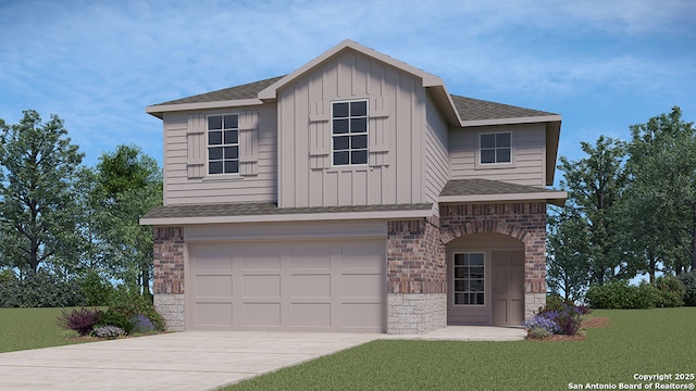 view of front facade featuring driveway, an attached garage, a front lawn, board and batten siding, and brick siding