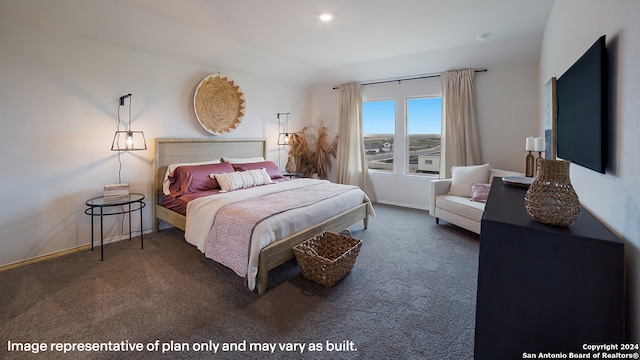 bedroom with baseboards, dark carpet, and recessed lighting