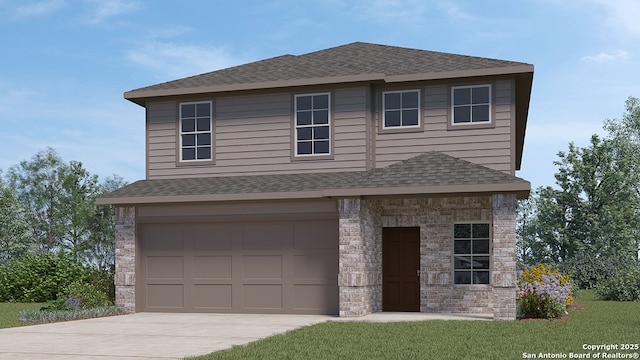 view of front facade with a garage, driveway, brick siding, and roof with shingles