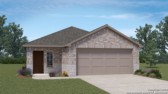 view of front of property with concrete driveway, roof with shingles, an attached garage, a front yard, and brick siding