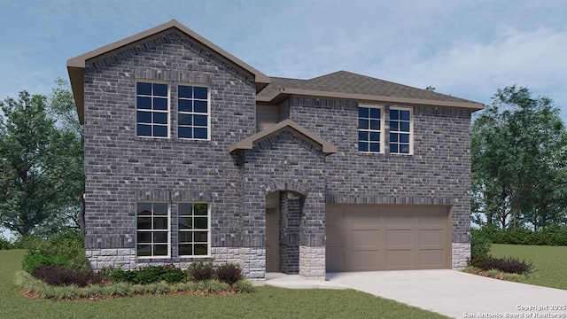 view of front of house with a shingled roof, concrete driveway, an attached garage, a front yard, and stone siding