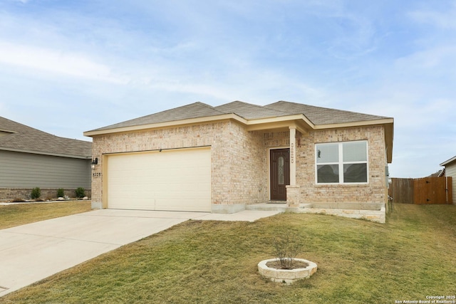 view of front facade with a garage, driveway, a front lawn, and fence