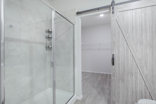 full bathroom featuring wood finished floors, a walk in closet, and a shower stall