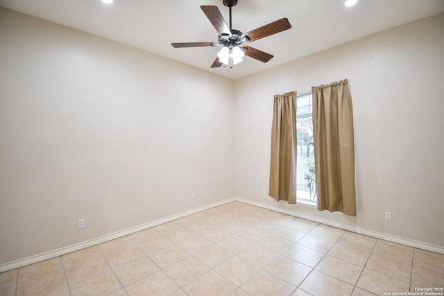 empty room with light tile patterned floors, ceiling fan, baseboards, and recessed lighting