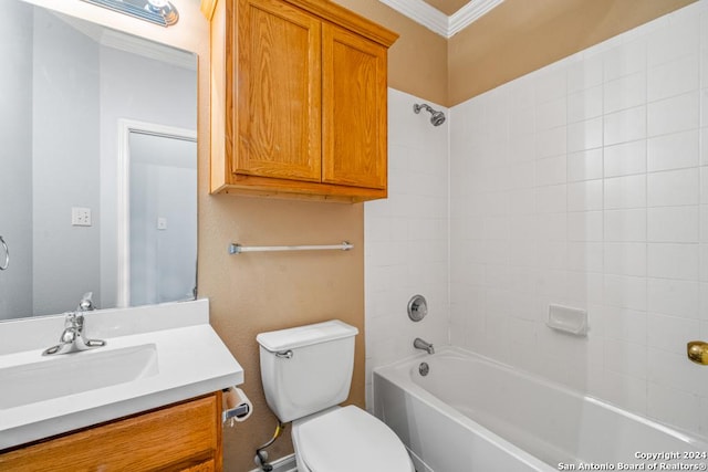 bathroom featuring toilet,  shower combination, ornamental molding, and vanity