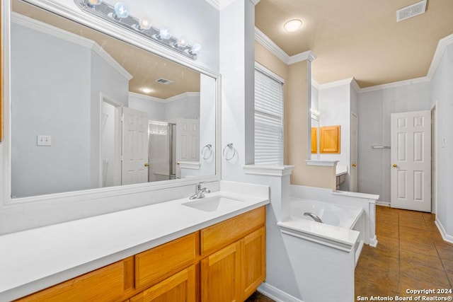 full bath featuring a shower stall, visible vents, a bath, and vanity