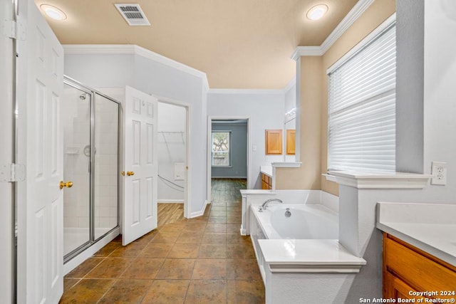 full bathroom featuring crown molding, a shower stall, vanity, and a bath