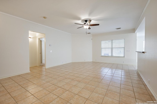 unfurnished room featuring crown molding, light tile patterned flooring, visible vents, and ceiling fan