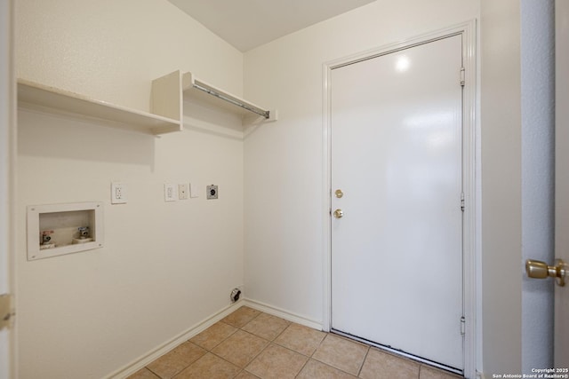 laundry room with hookup for a washing machine, light tile patterned floors, baseboards, hookup for an electric dryer, and laundry area