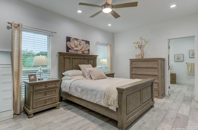 bedroom featuring a ceiling fan, recessed lighting, baseboards, and light wood finished floors