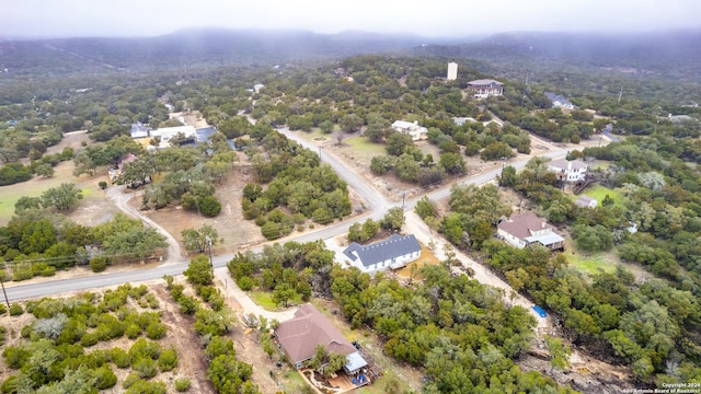 aerial view featuring a wooded view