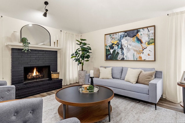 living room with a fireplace and wood finished floors