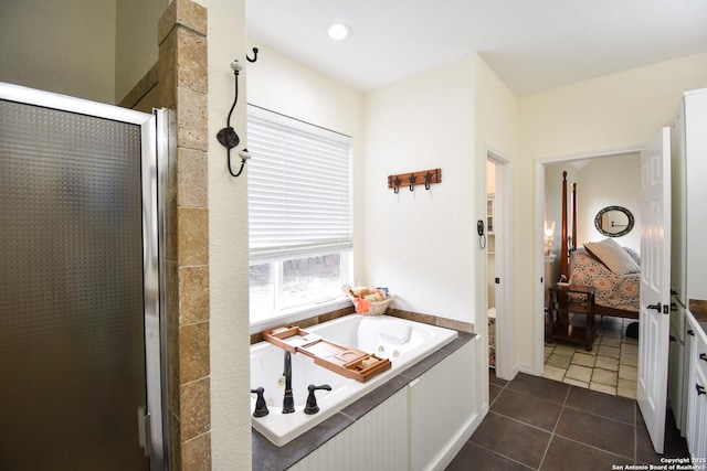 bathroom featuring recessed lighting, tile patterned floors, a shower stall, ensuite bath, and a bath