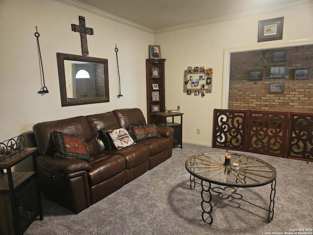 carpeted living room with ornamental molding and baseboards