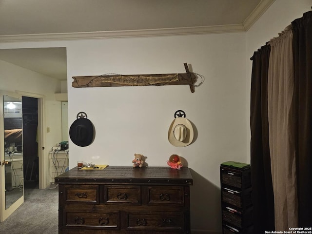 bedroom featuring ornamental molding, a walk in closet, and light colored carpet