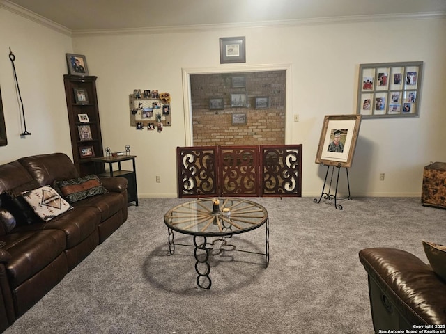 carpeted living area with baseboards and crown molding