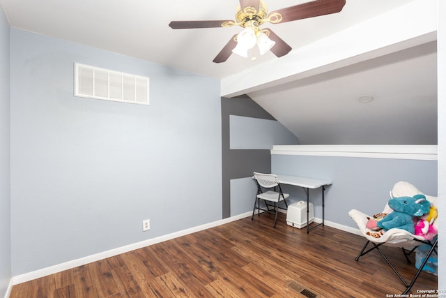 home office with lofted ceiling, baseboards, visible vents, and dark wood finished floors