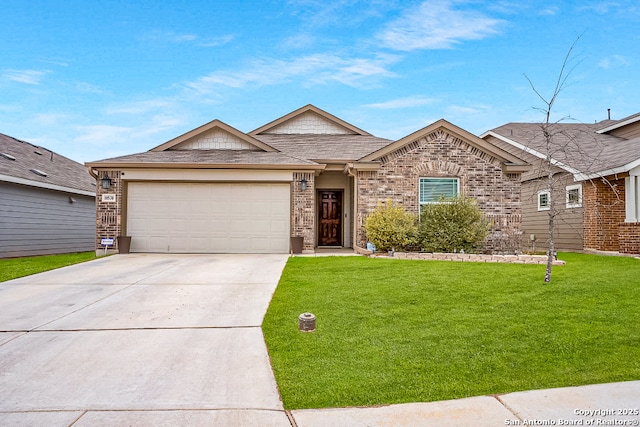 ranch-style house with an attached garage, brick siding, driveway, roof with shingles, and a front lawn