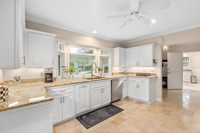 kitchen with a sink, white cabinetry, stainless steel dishwasher, and ornamental molding