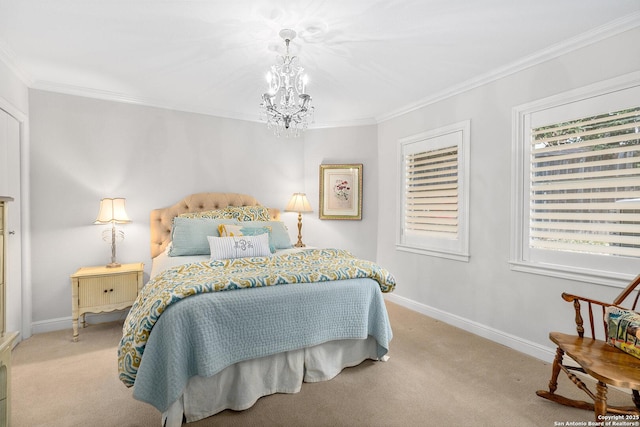 bedroom featuring baseboards, ornamental molding, a chandelier, and light colored carpet