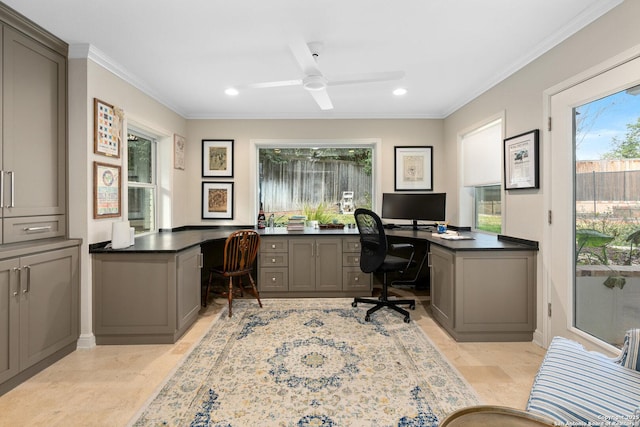 office area with ceiling fan, ornamental molding, built in study area, and recessed lighting