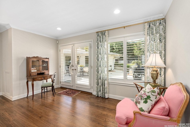 doorway to outside featuring dark wood-style flooring, crown molding, and baseboards