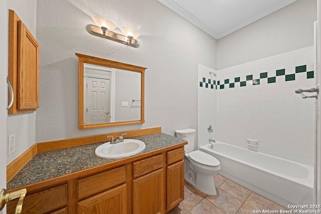 full bath with shower / tub combination, crown molding, vanity, and toilet