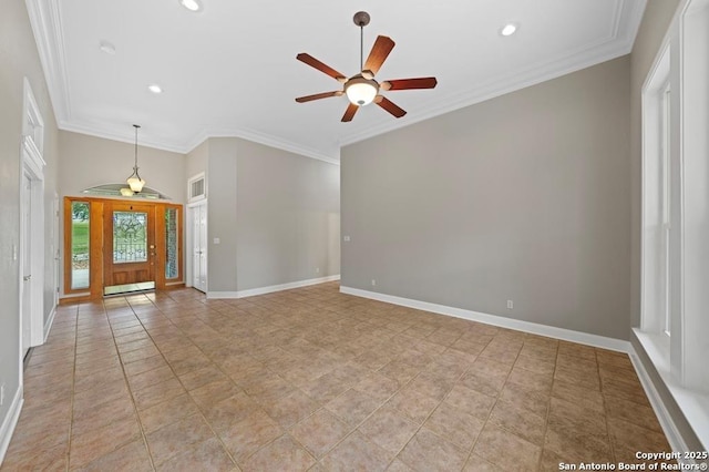 interior space with ornamental molding, recessed lighting, baseboards, and a ceiling fan