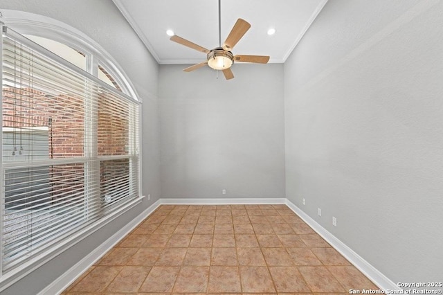 spare room with recessed lighting, baseboards, ceiling fan, crown molding, and light tile patterned flooring