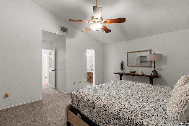 bedroom with ceiling fan, light colored carpet, visible vents, baseboards, and vaulted ceiling