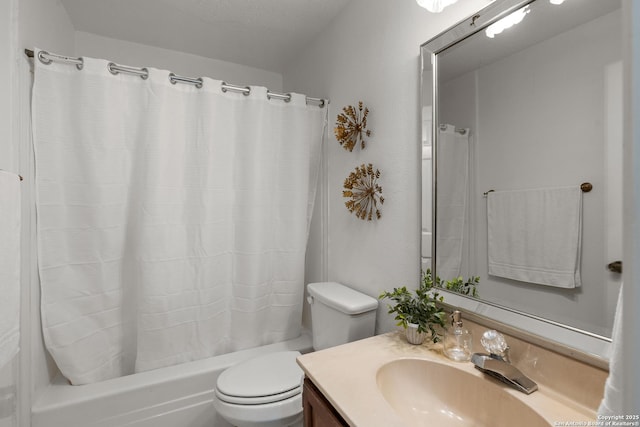 bathroom with shower / bath combination with curtain, vanity, and toilet