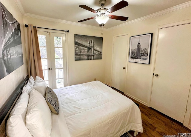 bedroom with ceiling fan, dark wood-type flooring, access to outside, french doors, and crown molding