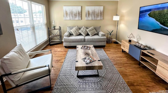 living area with baseboards and wood finished floors