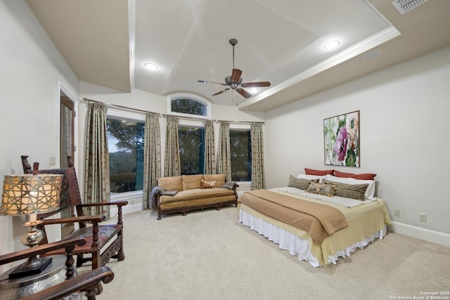 bedroom featuring recessed lighting, carpet flooring, visible vents, and baseboards