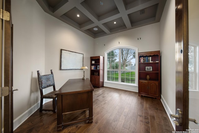 office area with dark wood-type flooring, coffered ceiling, and baseboards