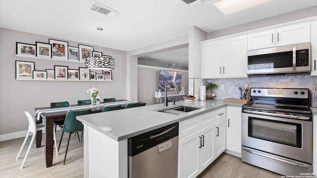 kitchen with a peninsula, appliances with stainless steel finishes, white cabinets, and a sink