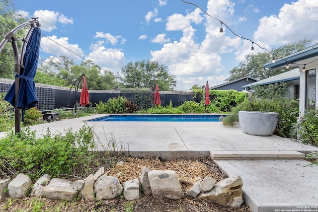 view of swimming pool featuring a fenced backyard, a fenced in pool, and a patio