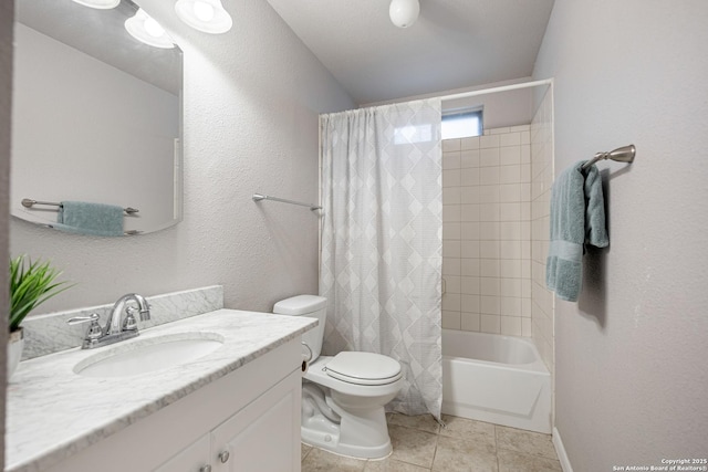 full bath with tile patterned flooring, toilet, vanity, baseboards, and shower / bath combo