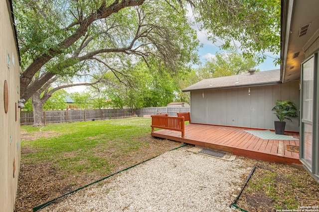 view of yard with a fenced backyard, visible vents, and a deck