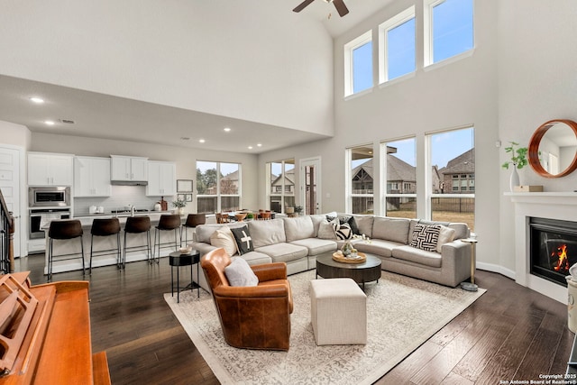 living area featuring dark wood-type flooring, a glass covered fireplace, and a wealth of natural light