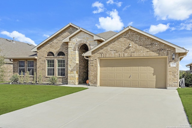 french country home with driveway, a front lawn, an attached garage, and brick siding