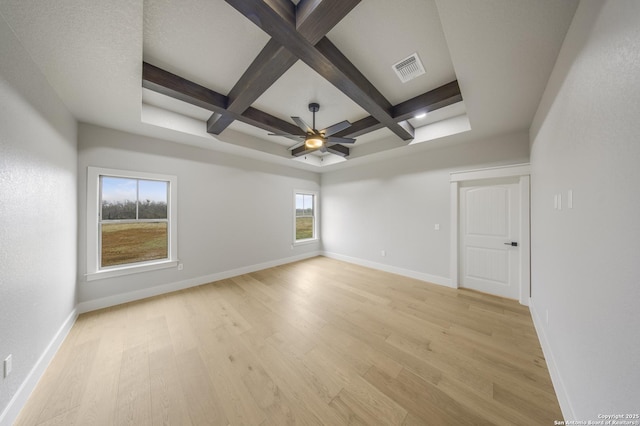 empty room featuring beam ceiling, light wood finished floors, visible vents, coffered ceiling, and baseboards