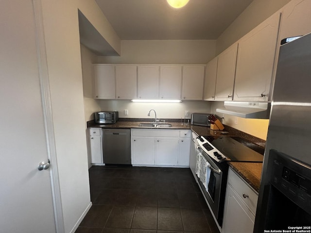 kitchen featuring appliances with stainless steel finishes, a sink, white cabinetry, and under cabinet range hood